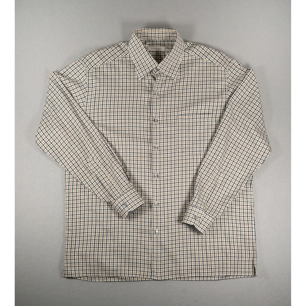 Ermenegildo Zegna Mens Shirt XXL Long Sleeve Plaid Check Cotton Tan Navy White